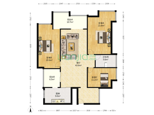 山水康城 3室1厅1卫 144平方