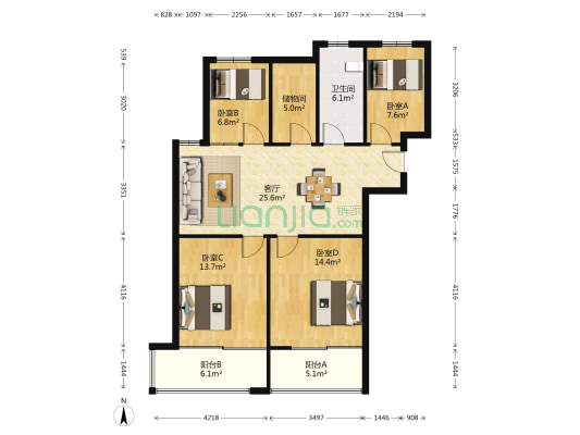 东进国际装饰城 4室1厅1卫 138平方