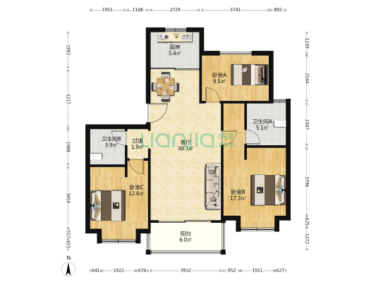 绿宝锦庭 3室1厅2卫 120平方