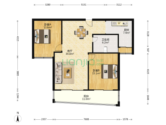 七星花园 2室1厅1卫 106平方
