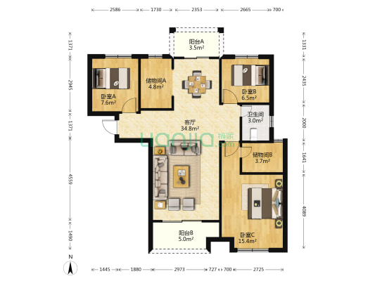 新建城B4 3室1厅1卫 107平方