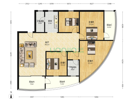 沿江大厦 4室1厅2卫 128平方