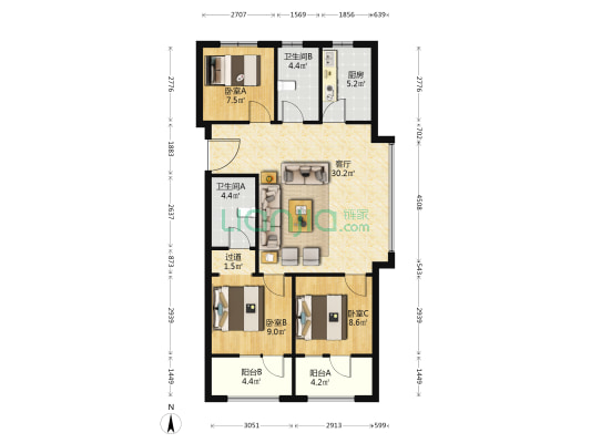 青特地铁花屿城 3室1厅2卫 108平方