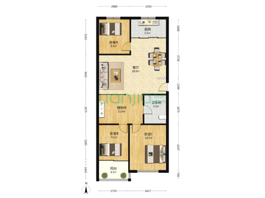 东山花园 3室1厅1卫 115平方