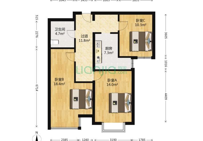3室0厅1卫91.93㎡-北京城锦苑户型图