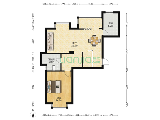 中联江滨御景南区 1室1厅1卫 85平方