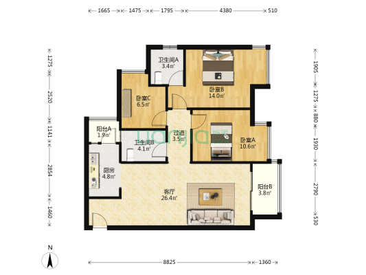 世茂璀璨天城晏旸 3室1厅2卫 101平方