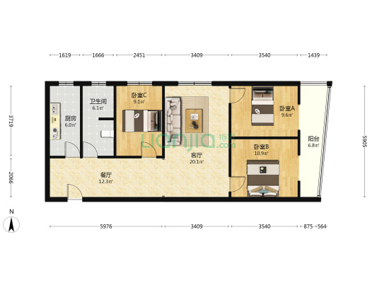新房毛坯，未入住，三居，价格便宜。-户型图