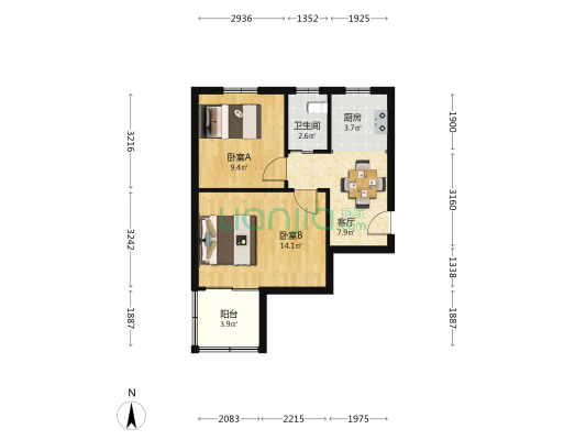 北东瓜市 2室1厅1卫 52平方