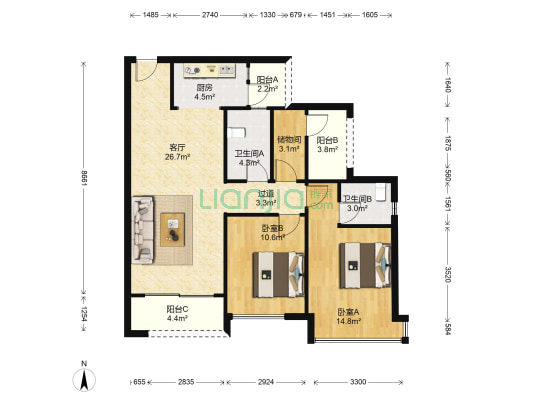 金科金辉美院A区 2室1厅2卫 98平方