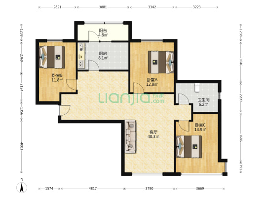 富力城Ⅰ期 3室1厅1卫 129平方