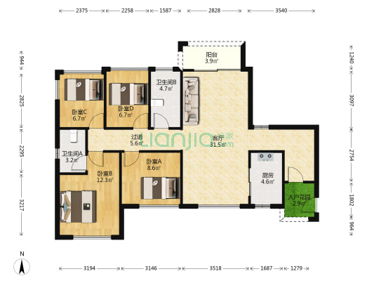 中海联睿品 4室1厅2卫 108平方