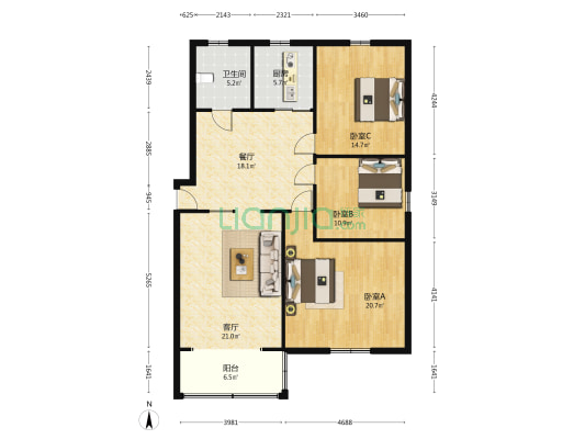 园丁苑C区 3室2厅1卫 120平方