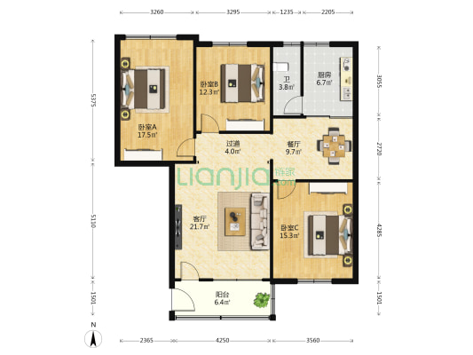 蔬菜公司宿舍 3室2厅1卫 101平方