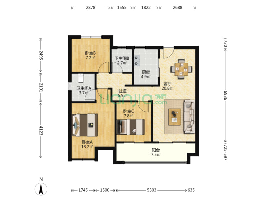 九雅花园 3室1厅2卫 100平方