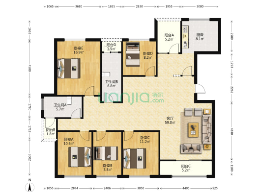 蔚蓝海岸 5室1厅2卫 150平方