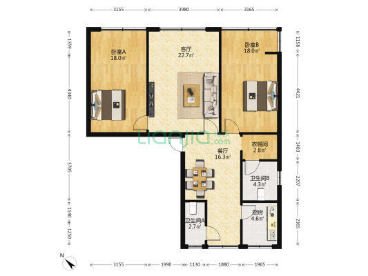 正西别院 2室2厅2卫 101平方