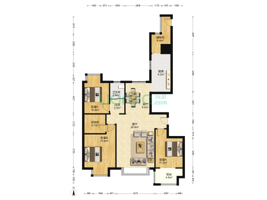 新蒲花园2号院 3室2厅1卫 153平方