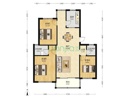 文锦园 3室1厅2卫 104平方