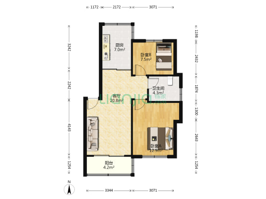紫金城苜中路4号 2室1厅1卫 73平方