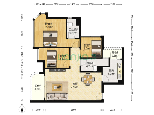 碧桂园天麓山三期 3室1厅2卫 89平方