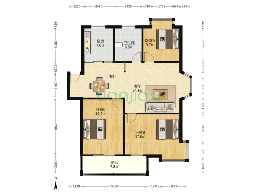 星源佳苑 3室1厅1卫 118平方