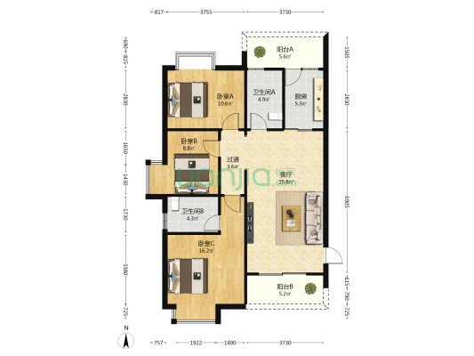 尚源大厦 3室1厅2卫 111平方