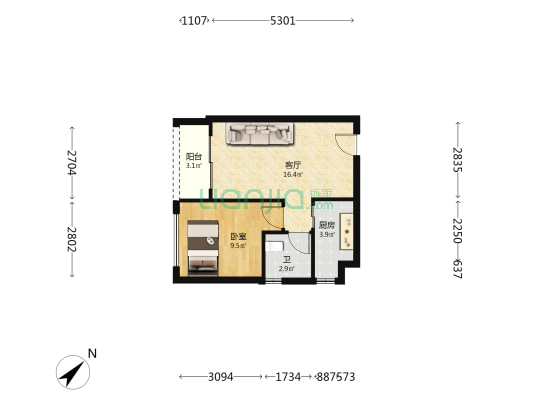 蓝郡公馆 1室1厅1卫 52平方