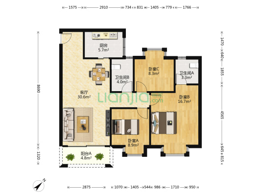 昊龙花园南区 3室1厅2卫 95平方