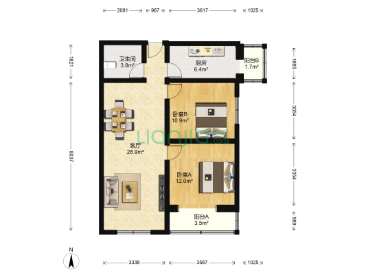宏福园 2室1厅1卫 90平方