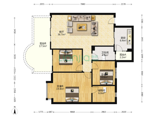 西府花园 3室1厅1卫 122平方