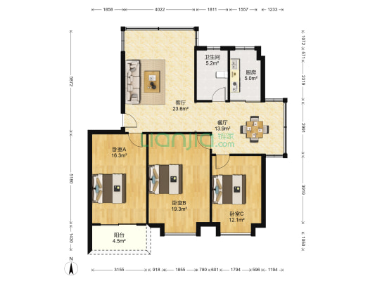 新洲花园 3室2厅1卫 110平方
