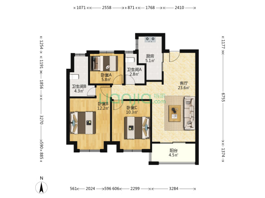 首创禧悦芳菲 3室1厅2卫 88平方