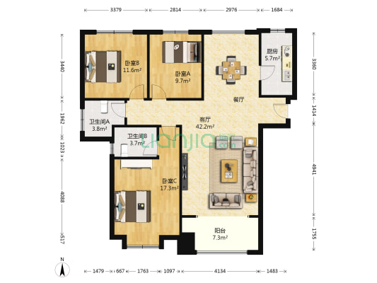 绿地中央广场三区 3室1厅2卫 130平方