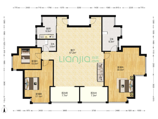 誉晖花园 3室1厅2卫 83平方
