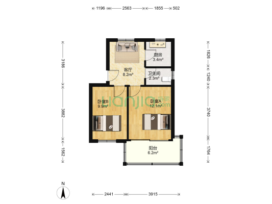 834厂宿舍 2室1厅1卫 52平方
