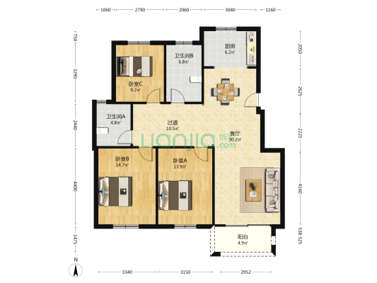 双龙花园中区 3室1厅2卫 130平方