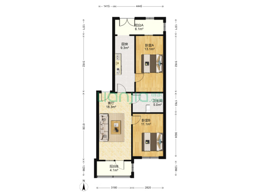 北航街 2室1厅1卫 87平方