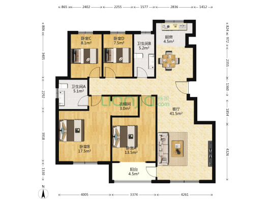 观澜甲第 4室1厅2卫 141平方