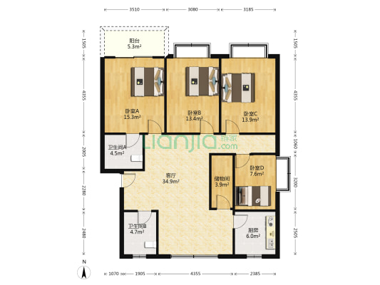 汉阳大街90号 4室1厅2卫 134平方