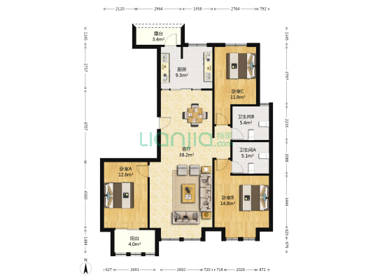 悦蓝山 3室1厅2卫 139平方
