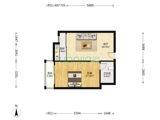 蓝铂公寓 1室1厅1卫 68平方