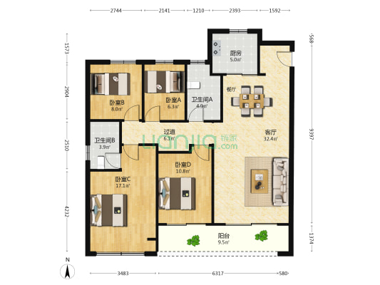 润府名园 4室1厅2卫 131平方