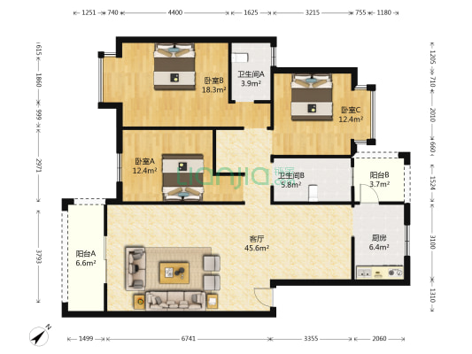 江水湾一二期 3室1厅2卫 125平方