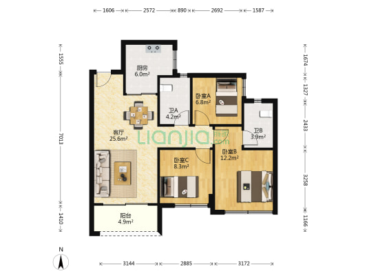 金科天宸B区 3室1厅2卫 88平方