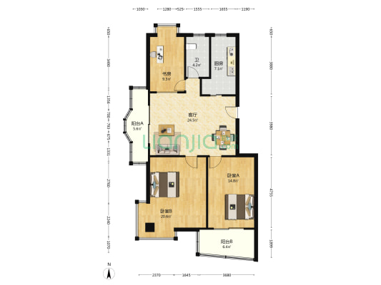虹雨花园 3室1厅1卫 101平方
