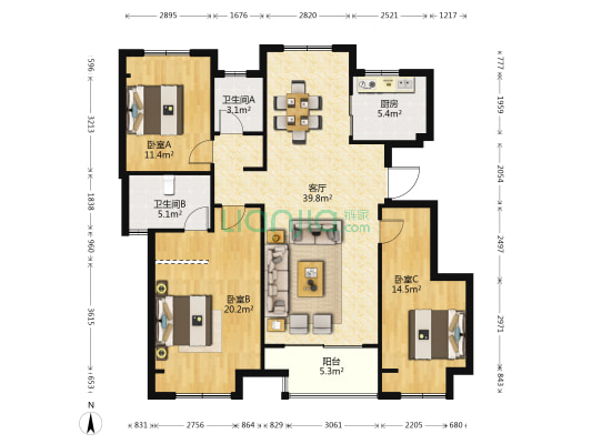 珺悦阁 3室1厅2卫 116平方
