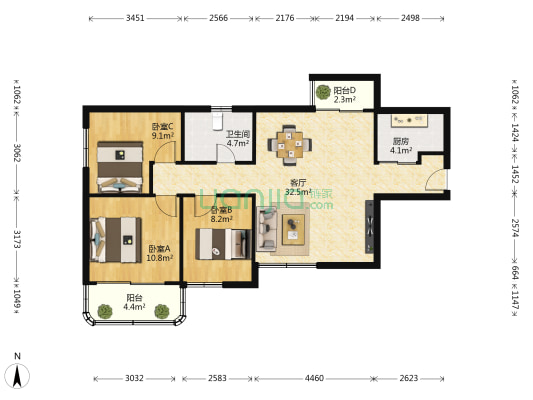 华景花园 3室1厅1卫 97平方