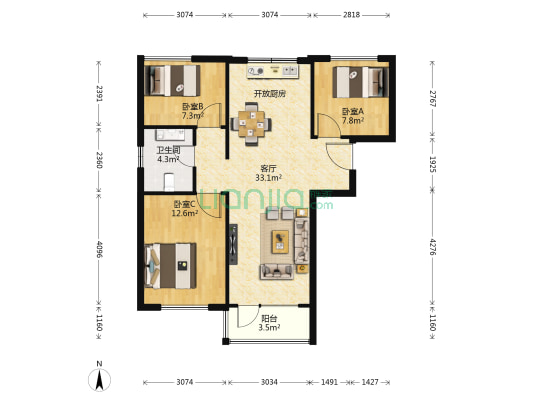河畔鑫莲 3室1厅1卫 107平方
