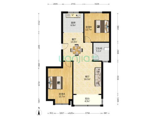 东疆花苑 2室2厅1卫 98平方